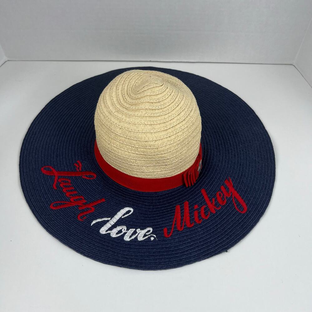 WOW Disney Parks Floppy Straw Hat Embroidered Laugh, Love, Mickey Nautical Hat